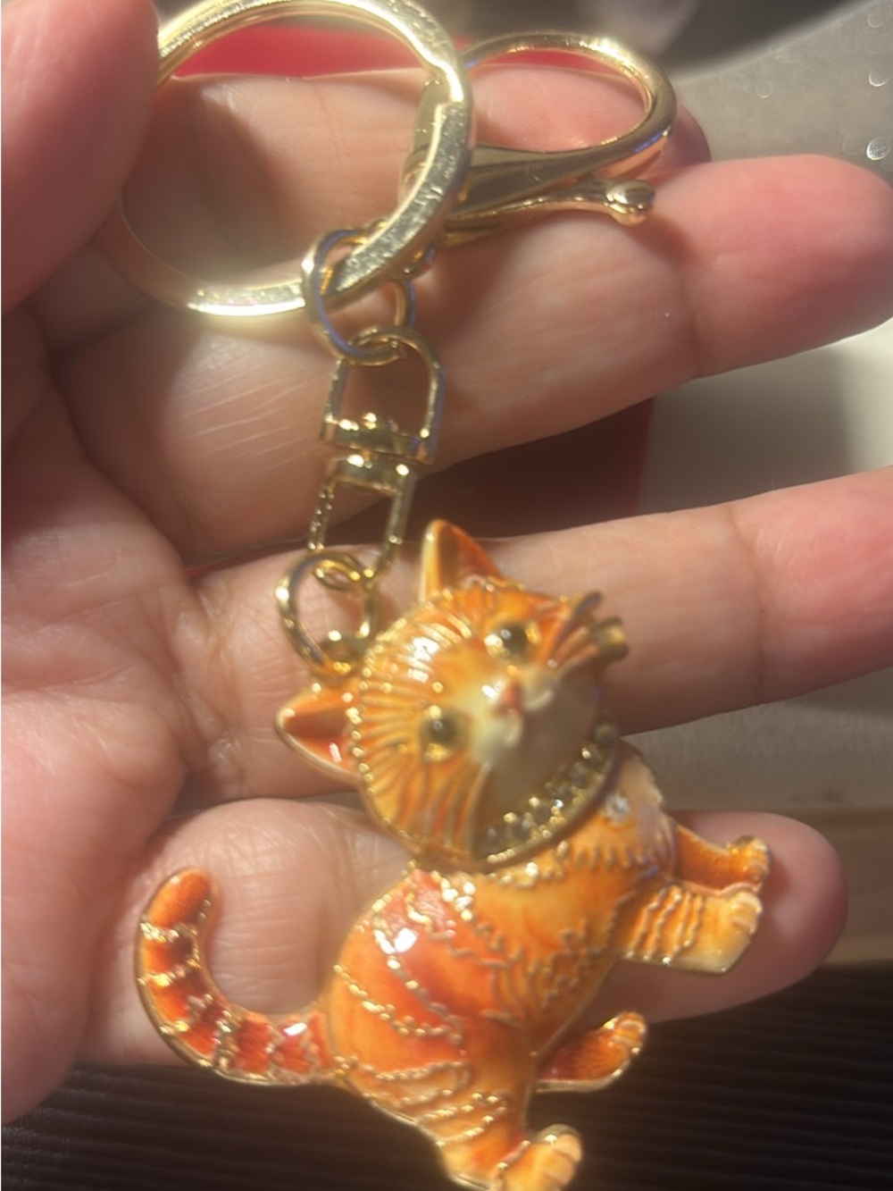 Orange Enamel Cat Keychain Charm with Gold Hardware
